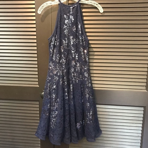 Xscape Floral Lace Skater Sequin Dress, Fit and Flare, Navy, Size 4 - Picture 6 of 14